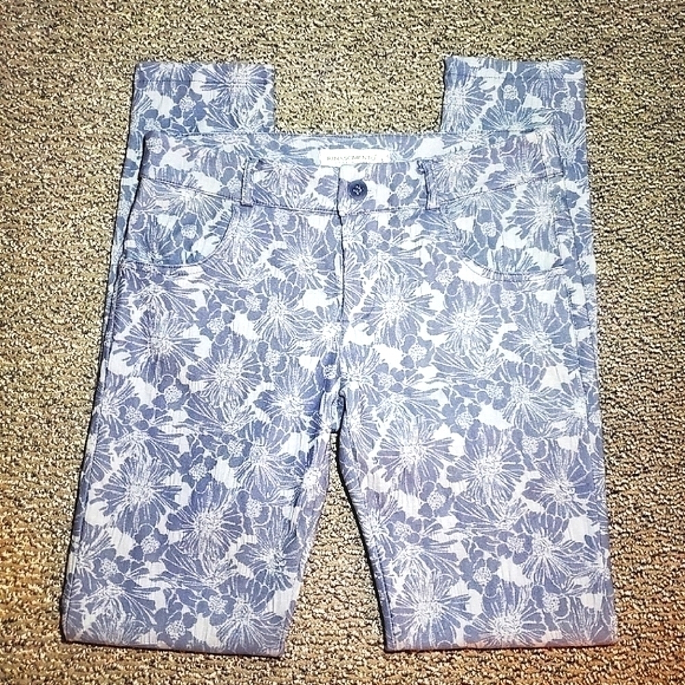 Floral Print Jeans Low Rose Blue Denim Chambray Light Wash Straight Leg Small